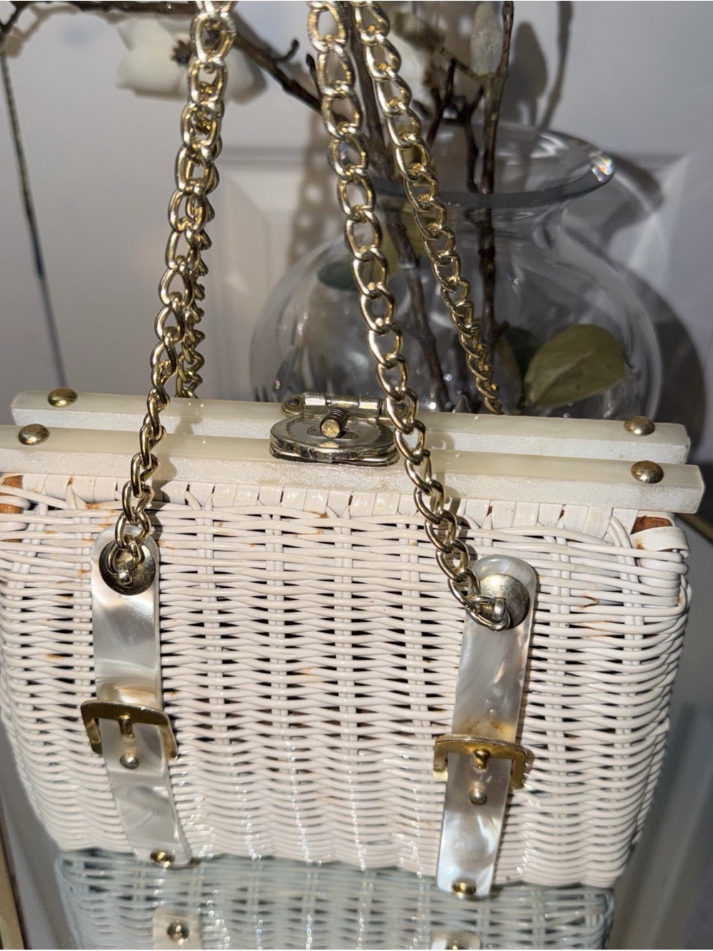 Vtg mid century Woven White Rattan Handbag with Gold Chain Strap